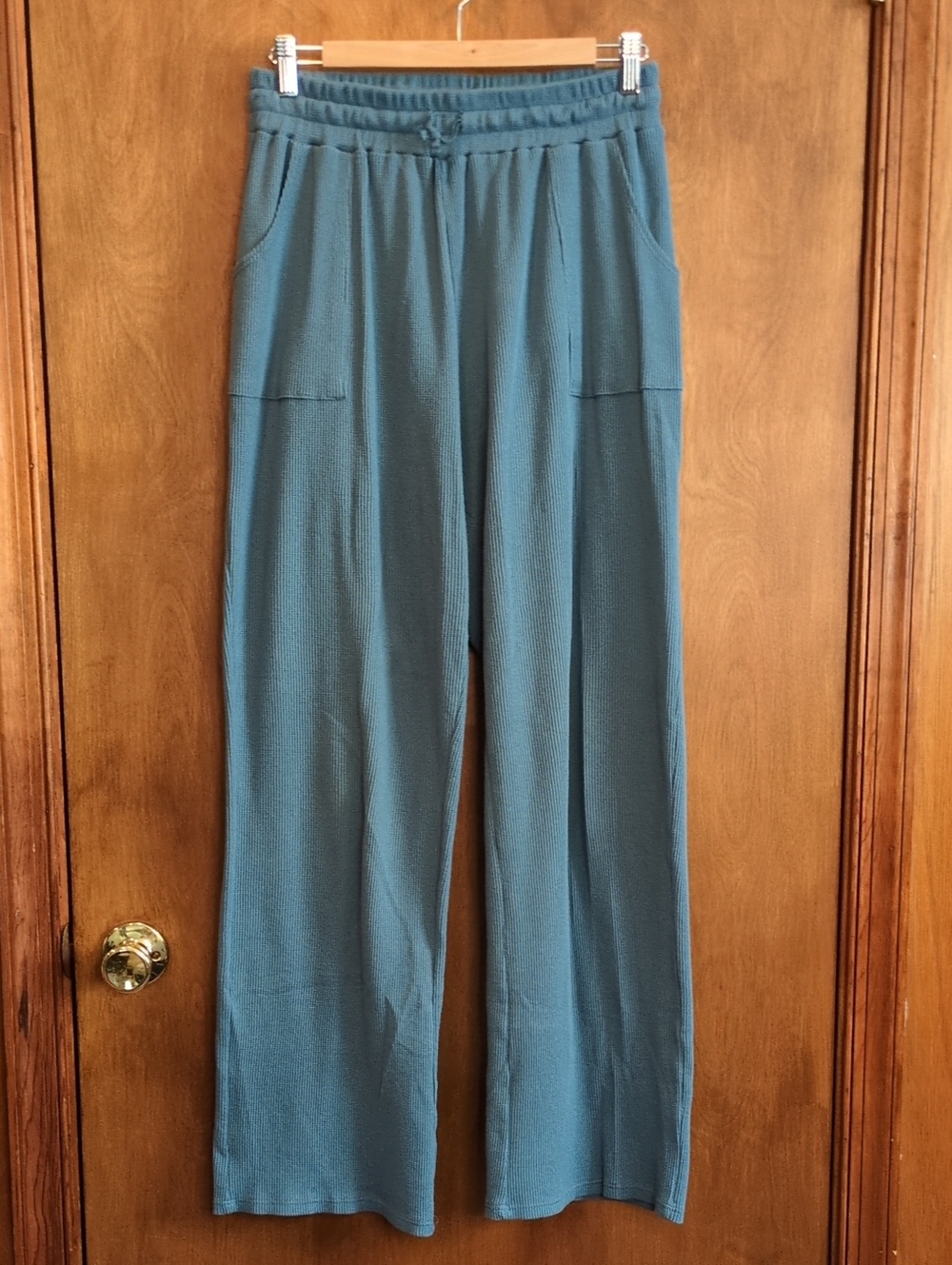 Peyton Valley Waffle Knit Thermal Loungewear Drawstring Pants DustyBlue Size L